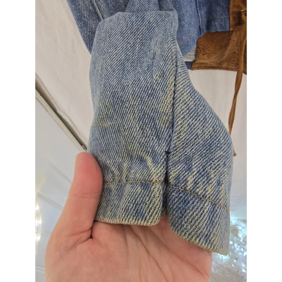 Frontier Vtg Denim Leather Cropped 1 Button Western Jacket. Ladies Size Large - Picture 12 of 15